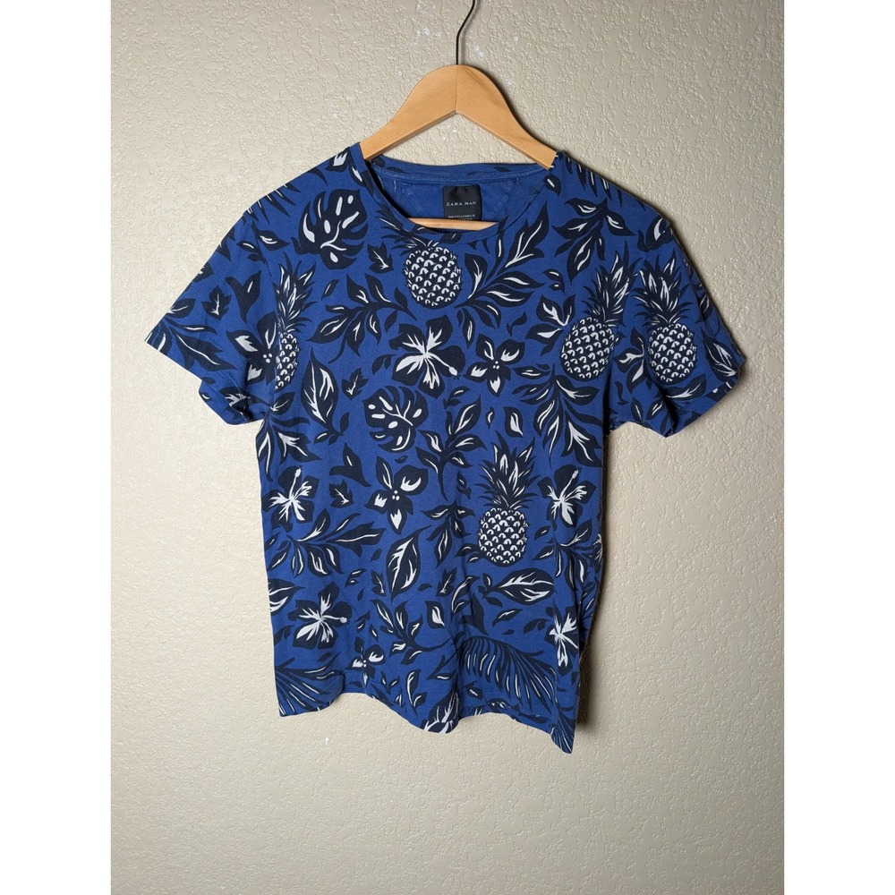 Zara Man Blue Tropical Pineapple Floral Print T-Shirt Mens Small Short Sleeve